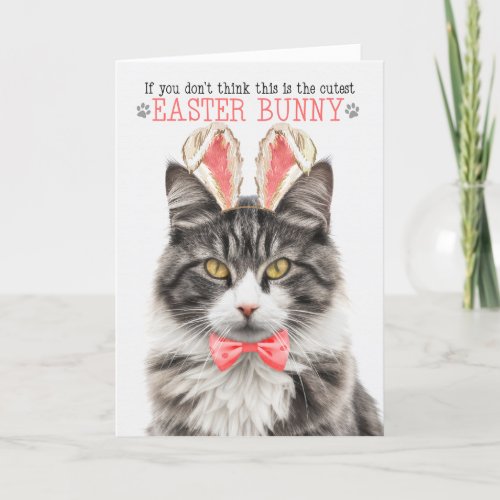 Fluffy Gray Tabby Cat in Bunny Ears for Easter Holiday Card