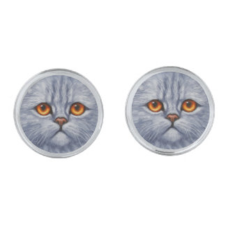Fluffy Gray Tabby Cat Kitten Face Cufflinks