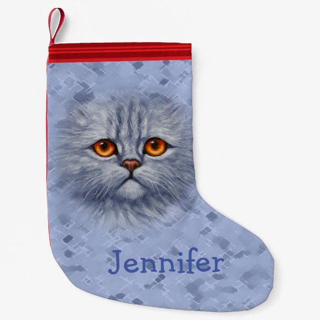Fluffy Gray Tabby Cat Kitten Face Small Christmas Stocking (Front)