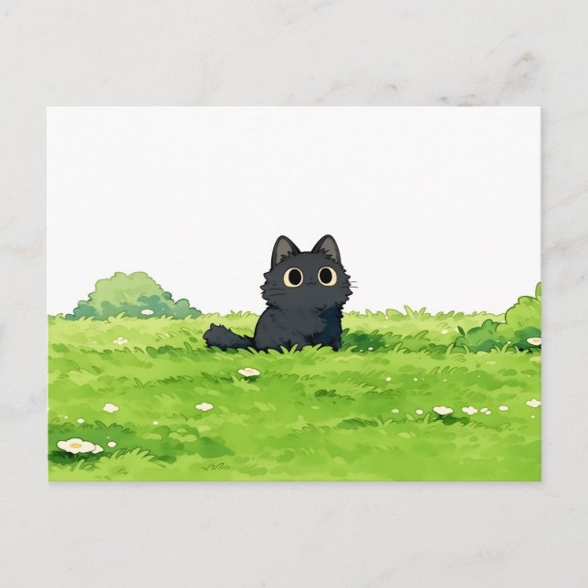 Fluffy Green Bush Kawaii Black Cat Postcard (Front)