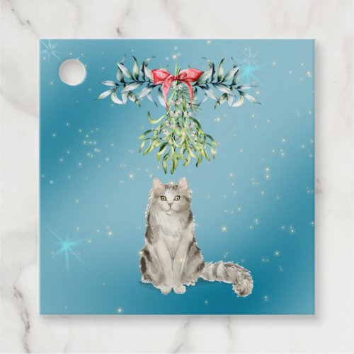 Fluffy Grey and White Cat Under Mistletoe Gift Tag