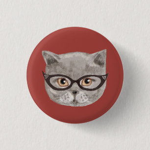 Fluffy grey cat wearing glasses pinback button