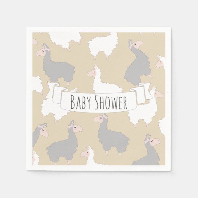 Fluffy Grey & White Llamas Baby Shower Napkins (Front)