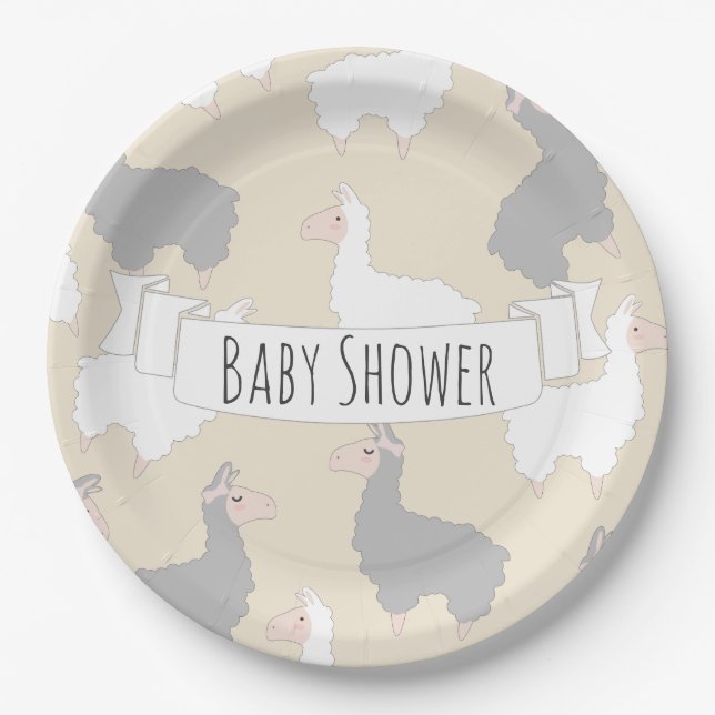 Fluffy Grey & White Llamas Baby Shower Paper Plates (Front)