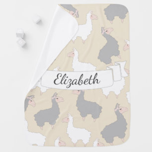 Fluffy Grey & White Llamas Baby's Name Baby Blanket