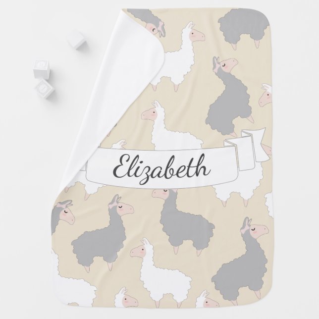 Fluffy Grey & White Llamas Baby's Name Baby Blanket (In Situ)