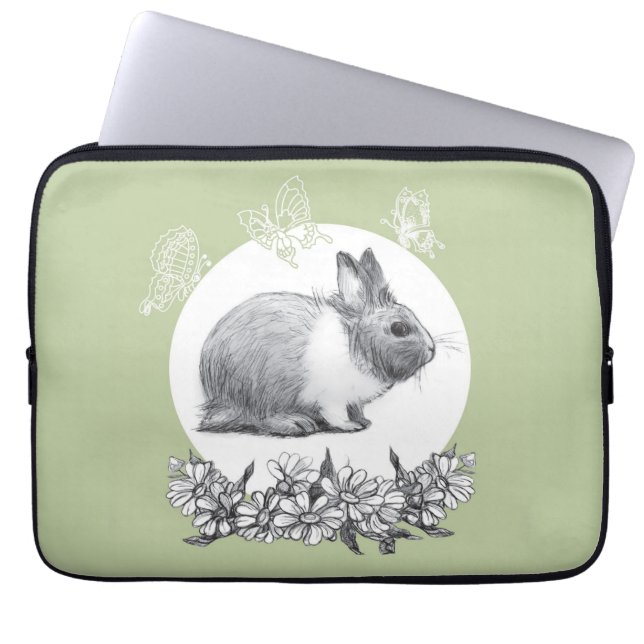 Fluffy hare with butterflies on green background laptop sleeve (Front)