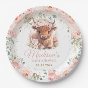 Fluffy Highland Cow Floral Baby Shower Birthday Paper Plates