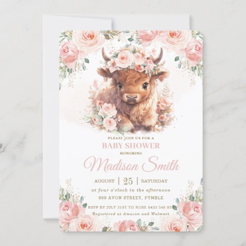 Fluffy Highland Cow Pink Blush Floral Baby Shower Invitation