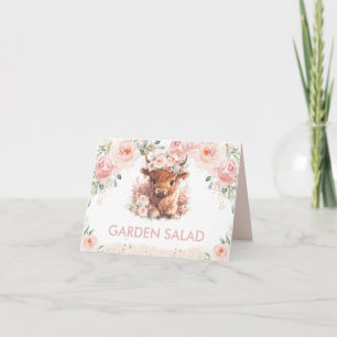 Fluffy Highland Cow Pink Blush Floral Food Tent Card