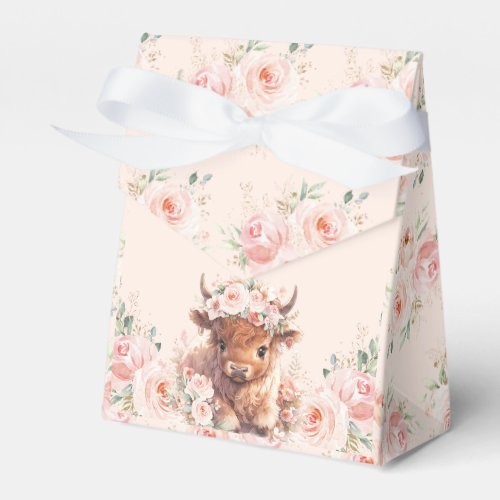 Fluffy Highland Cow Pink Floral Baby Shower Favor Boxes