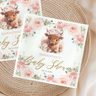 Fluffy Highland Cow Pink Floral Baby Shower Napkins