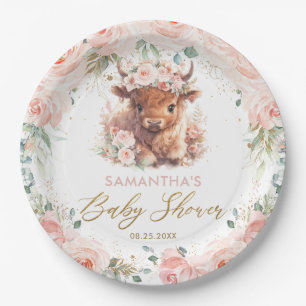 Fluffy Highland Cow Pink Floral Baby Shower Paper Plates