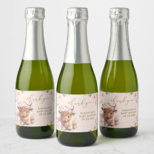 Fluffy Highland Cow Pink Floral Baby Shower Sparkling Wine Label