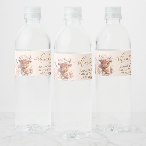 Fluffy Highland Cow Pink Floral Baby Shower Water Bottle Label