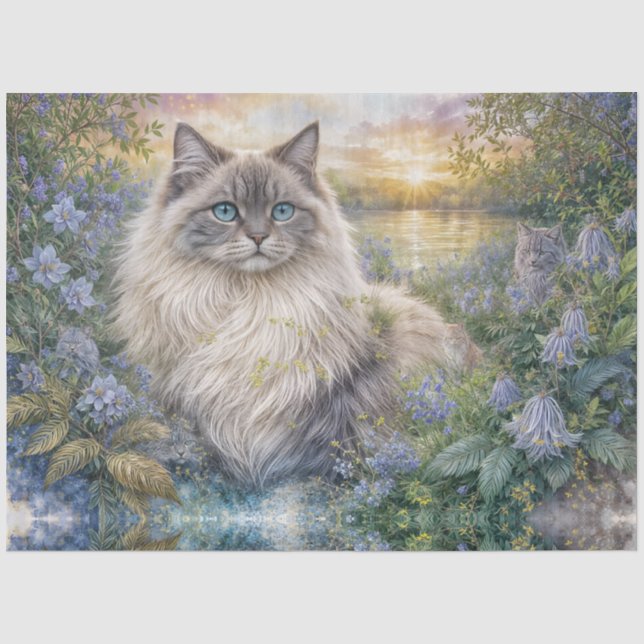 Fluffy Himalayan Cat In Purple Garden at Sunrise Tissue Paper (Front)