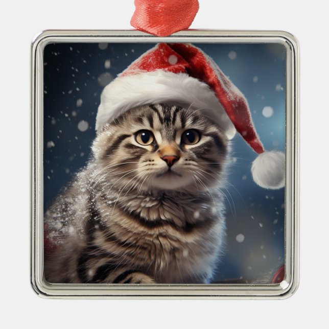 FLUFFY HOLIDAY CHRISTMAS BROWN TABBY KITTEN METAL ORNAMENT (Front)