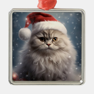 FLUFFY HOLIDAY CHRISTMAS PERSIAN TABBY KITTEN METAL ORNAMENT