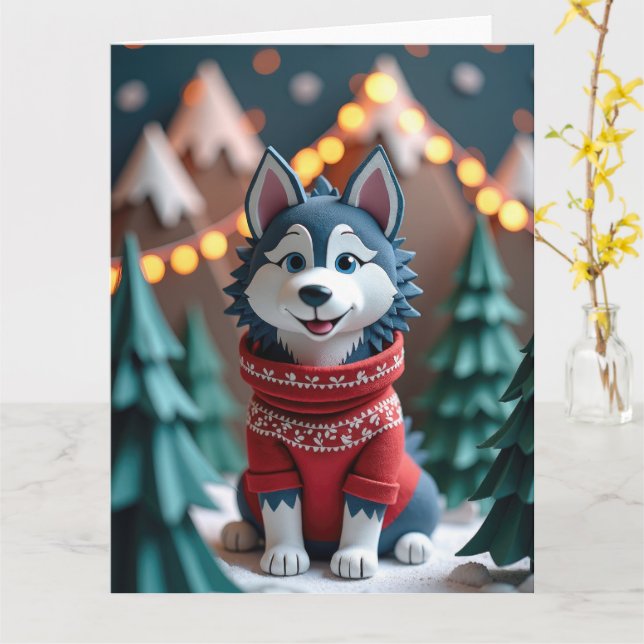 Fluffy Husky in Snowy Christmas Mountain Scene Card (Yellow Flower)