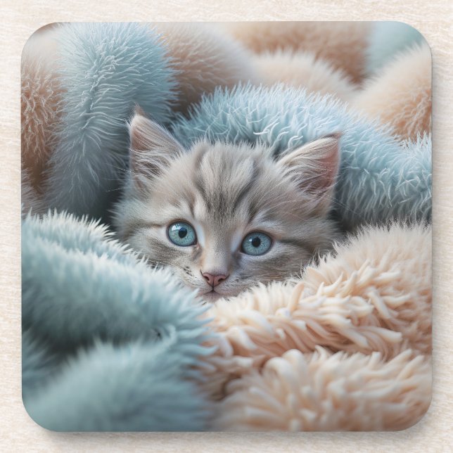 Fluffy Kitten in a Soft Blanket Beverage Coaster (Front)