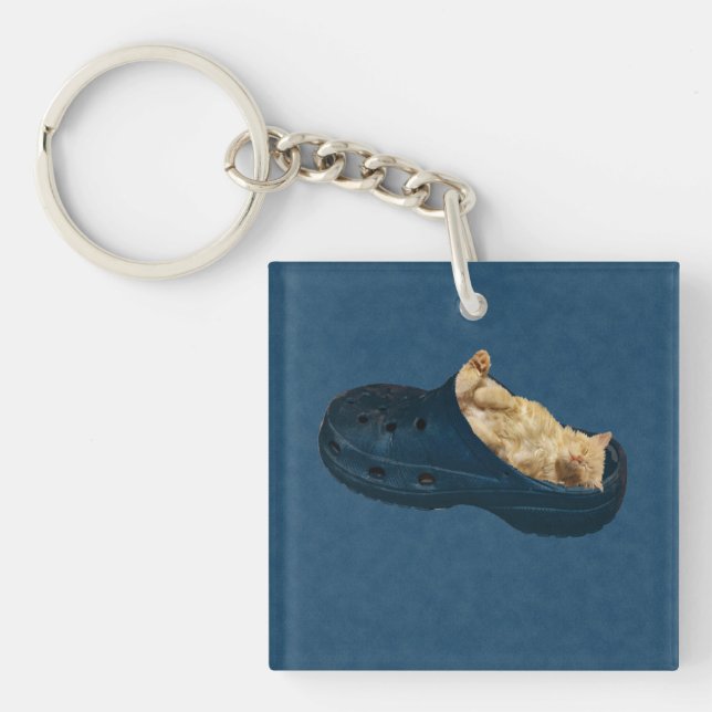 Fluffy Kitten Sleeping In Croc Shoe, Keyring (Front)