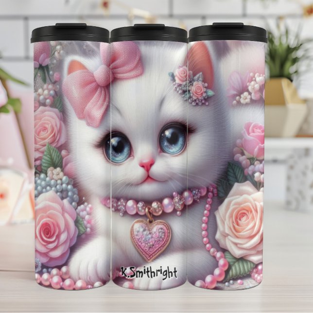 Fluffy Kitten Surrounded by Roses Thermal Tumbler (Creator Uploaded)
