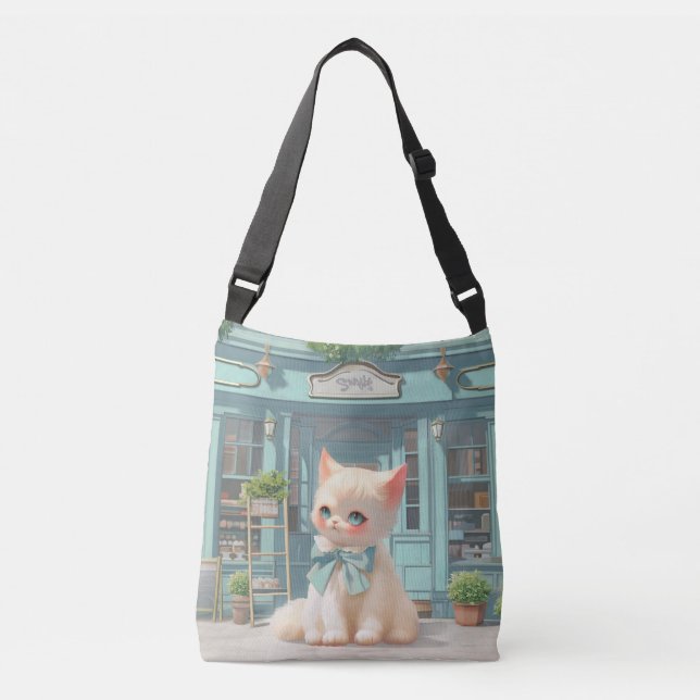 Fluffy Kitten with Blue Bow at Pastry Shop Crossbody Bag (Front)