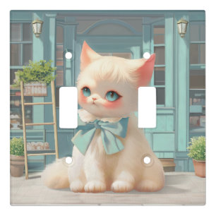Fluffy Kitten with Blue Bow at Pastry Shop Light Switch Cover