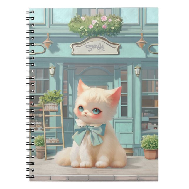 Fluffy Kitten with Blue Bow at Pastry Shop Notebook (Front)