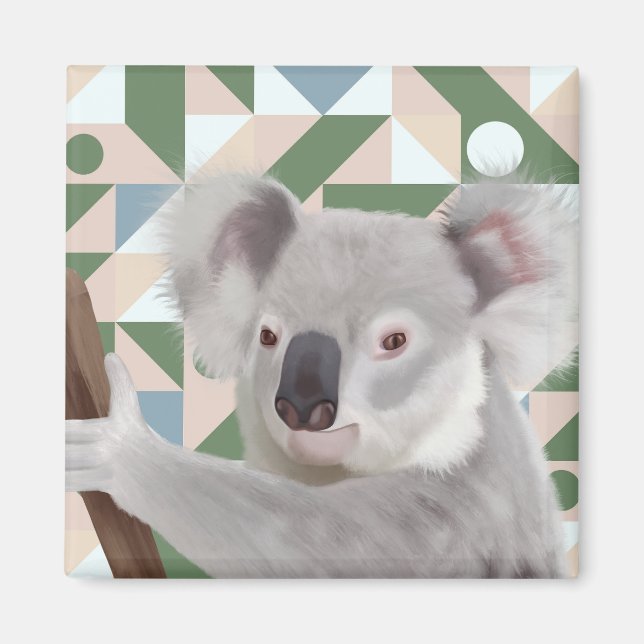 Fluffy Koala Green Geometric Background Magnet (Front)