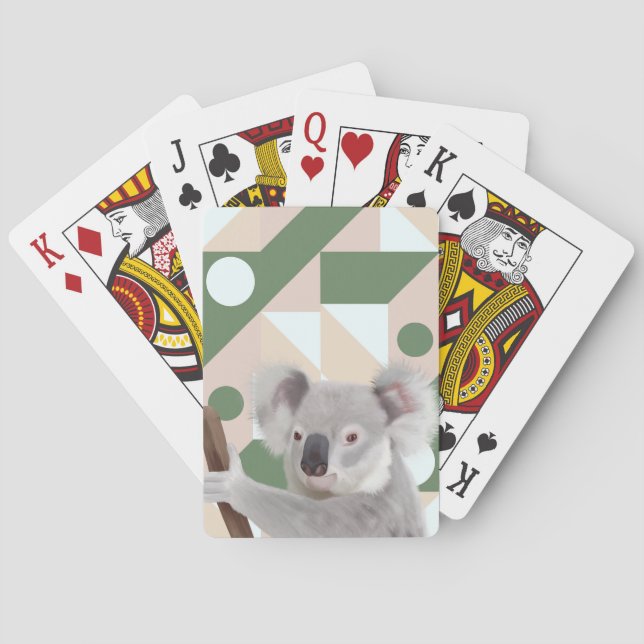 Fluffy Koala Green Geometric Background Poker Cards (Back)