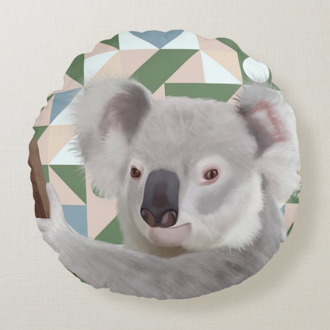 Fluffy Koala Green Geometric Background Round Pillow (Front)