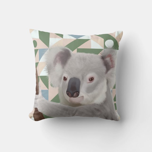 Fluffy Koala Green Geometric Background Throw Pillow (Front)