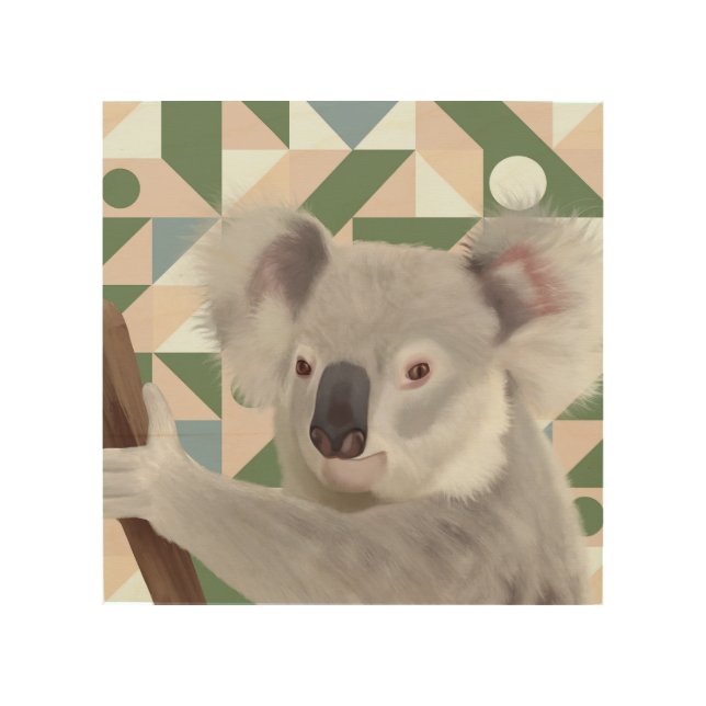 Fluffy Koala Green Geometric Background Wood Wall Art (Front)