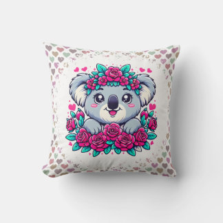 Fluffy Koala with Flower Crown Throw Pillow