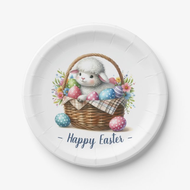 Fluffy Lamb and Easter Eggs Paper Plates (Front)