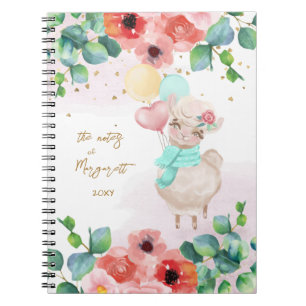 Fluffy Llama Illustration Flowers Girl Daily Diary Notebook