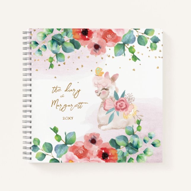 Fluffy Llama Illustration Flowers Girl Daily Diary Notebook (Front)