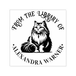 Fluffy Long Hair Cat Sitting #1 Library Book Name Self-inking Stamp