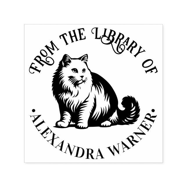 Fluffy Long Hair Cat Sitting #2 Library Book Name Self-inking Stamp (Design)