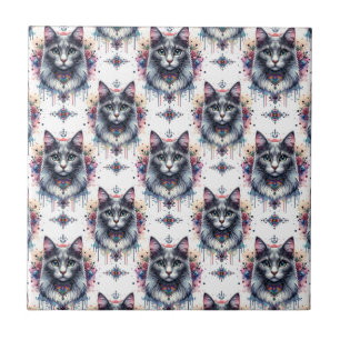 Fluffy Long Hair Gray and White Tuxedo Cat Ceramic Tile