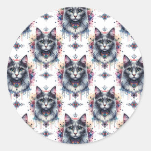 Fluffy Long Hair Gray and White Tuxedo Cat Classic Round Sticker