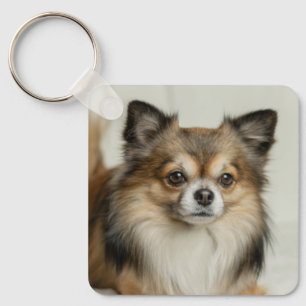 Fluffy Long Haired Chihuahua Puppy Dog Keychain