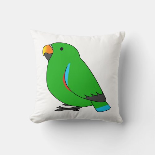 Fluffy male green eclectus parrot cartoon drawing throw pillow