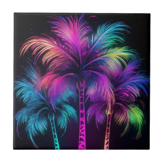Fluffy Neon Palm Trees Ceramic Tile