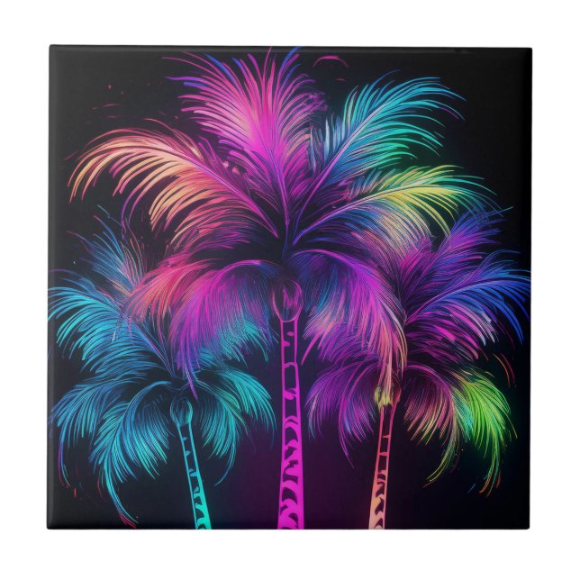 Fluffy Neon Palm Trees  Ceramic Tile (Front)