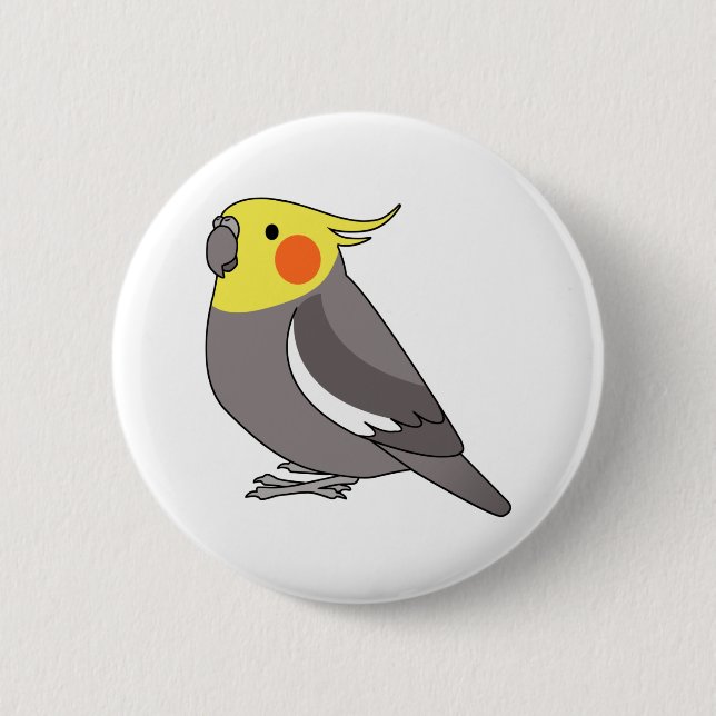 Fluffy normal grey cockatiel parrot cartoon button (Front)
