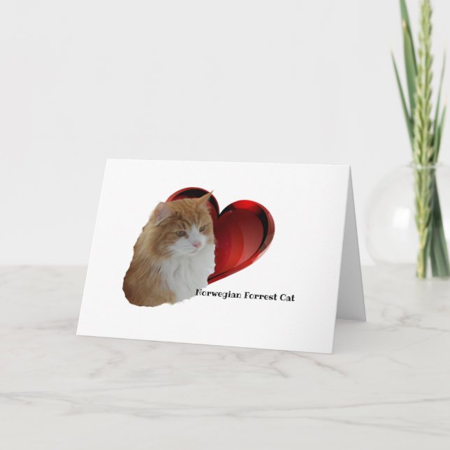 Fluffy Orange Norwegian Long Hair Forest Cat Heart Card (Front)