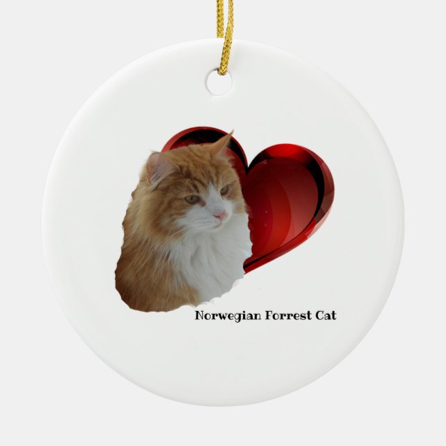 Fluffy Orange Norwegian Long Hair Forest Cat Heart Ceramic Ornament (Front)