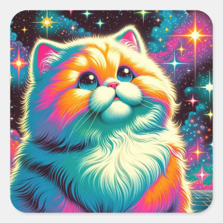 Fluffy Orange Pink Cat in Space Square Sticker